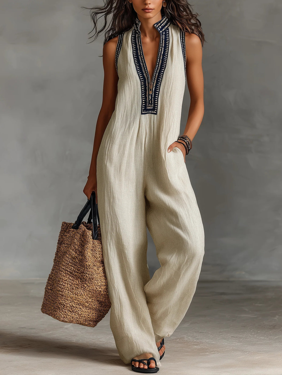 Elara™ Boho V-Neck Wide-Leg Jumpsuit – Elegant Casual One-Piece