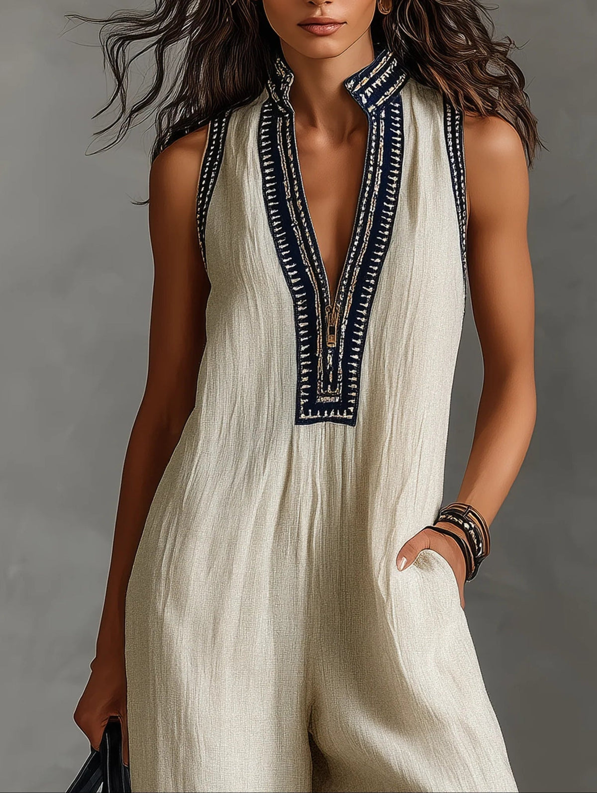 Elara™ Boho V-Neck Wide-Leg Jumpsuit – Elegant Casual One-Piece