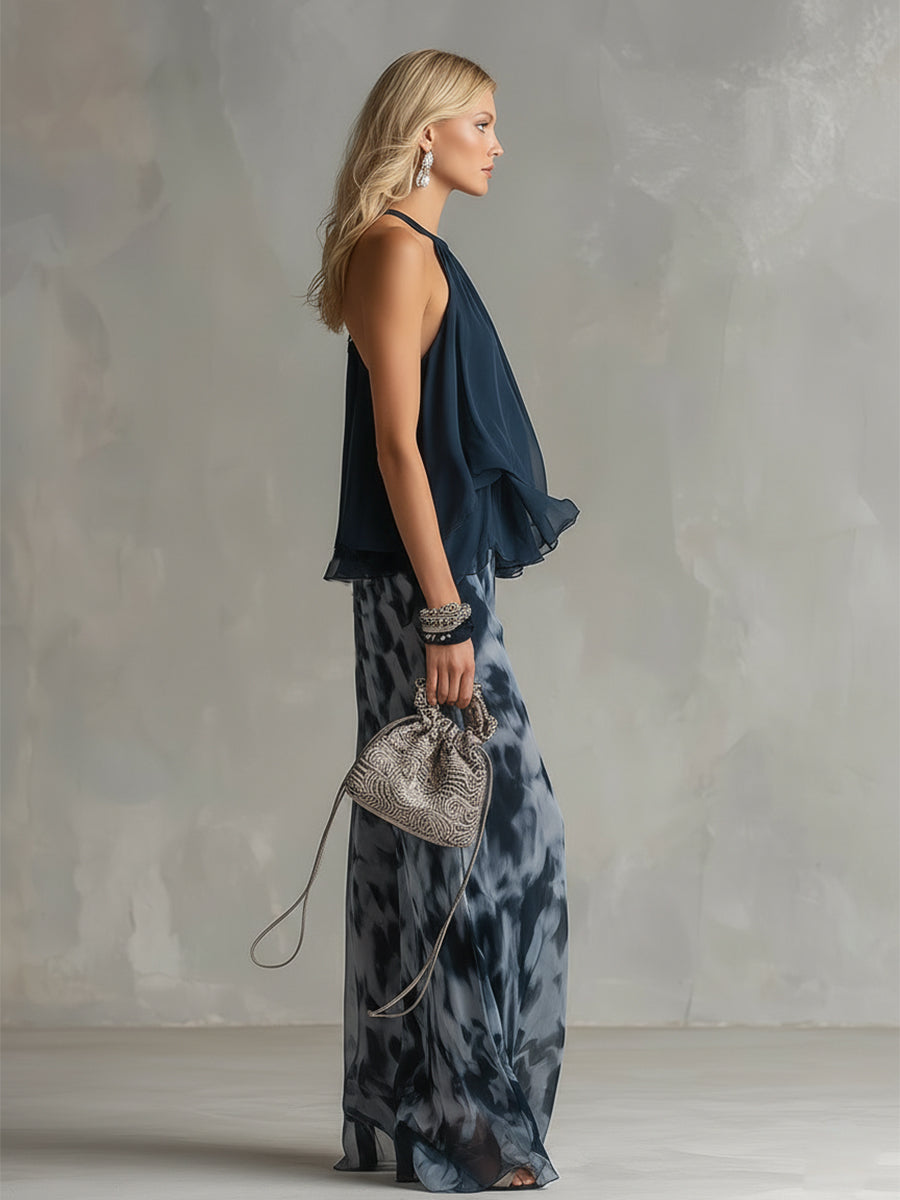 Elegant Navy Abstract Print Two-Piece Set