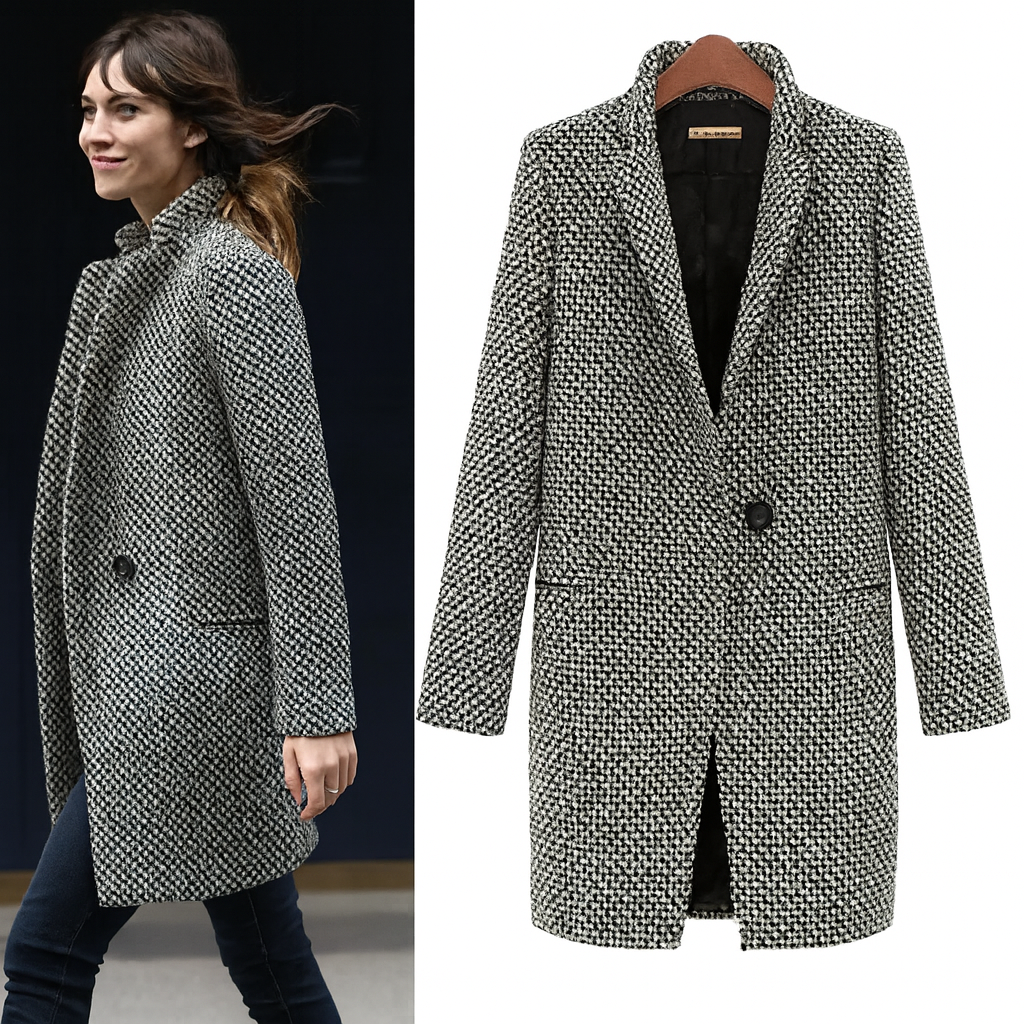 Chic Herringbone Long Coat – Black & White