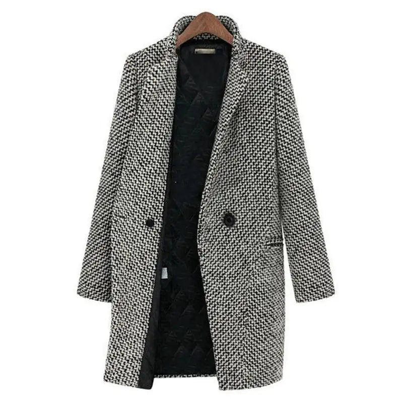 Chic Herringbone Long Coat – Black & White