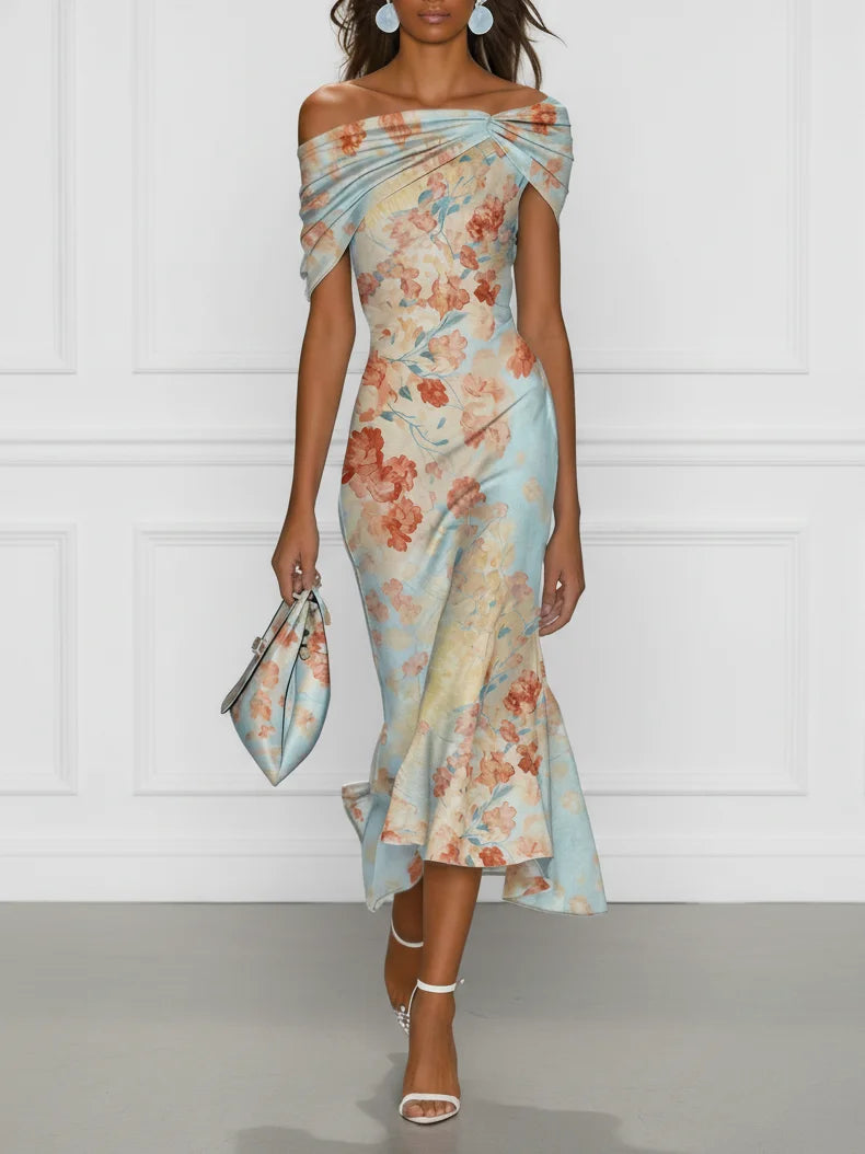 Celeste™ Floral Off-Shoulder Midi Dress – Elegant Summer Dress