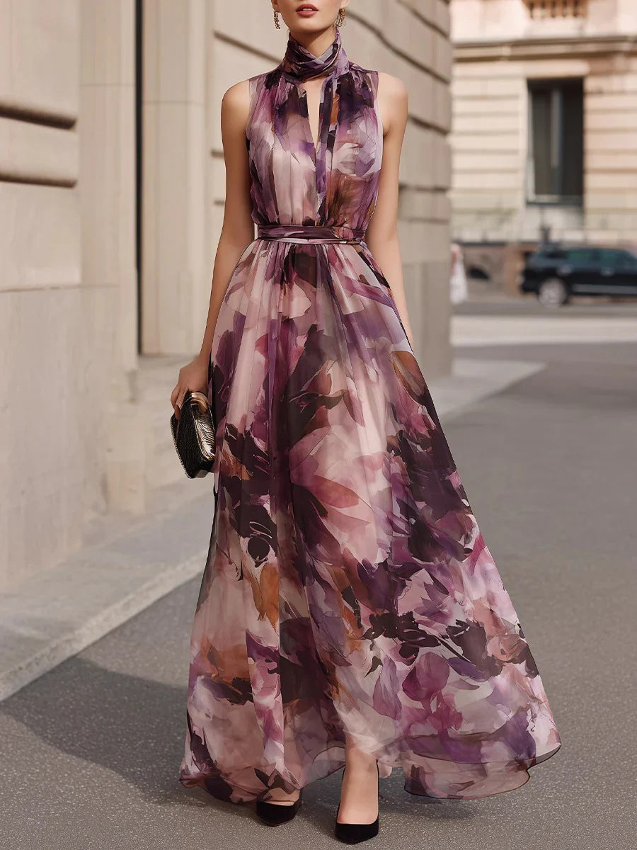 Elegant Floral Tie-Neck Maxi Dress