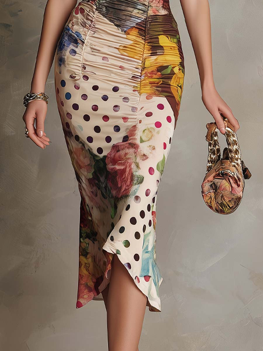 Chic Abstract Print Ruched Midi Dress