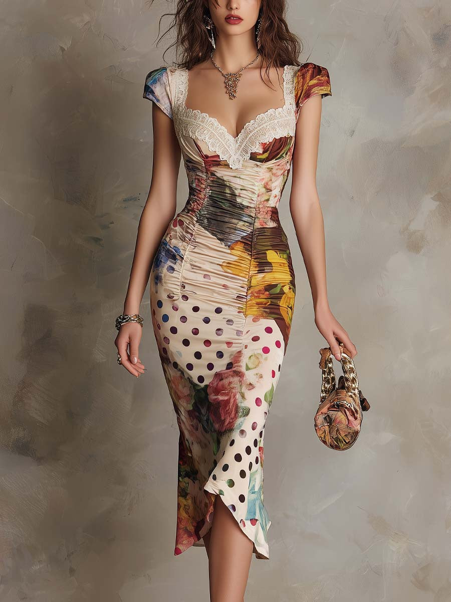 Chic Abstract Print Ruched Midi Dress