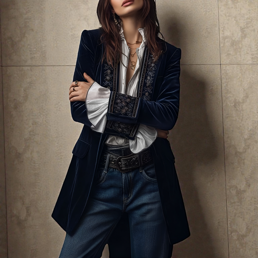 Elegant Velvet Embroidered Blazer – Navy & Burgundy