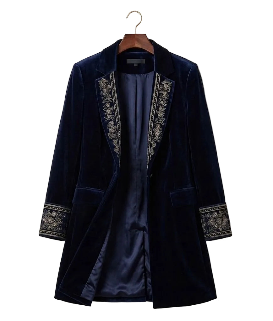 Elegant Velvet Embroidered Blazer – Navy & Burgundy