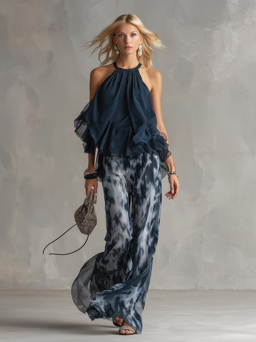 Elegant Navy Abstract Print Two-Piece Set