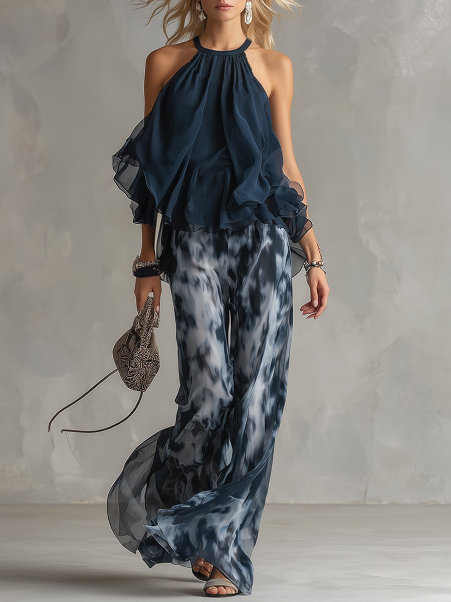 Elegant Navy Abstract Print Two-Piece Set