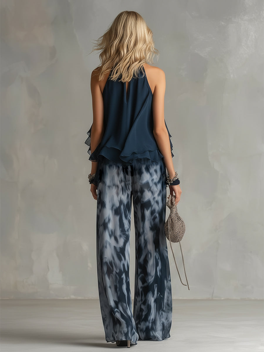 Elegant Navy Abstract Print Two-Piece Set
