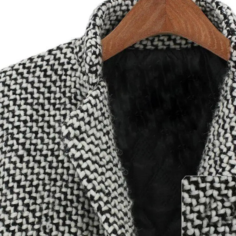 Chic Herringbone Long Coat – Black & White