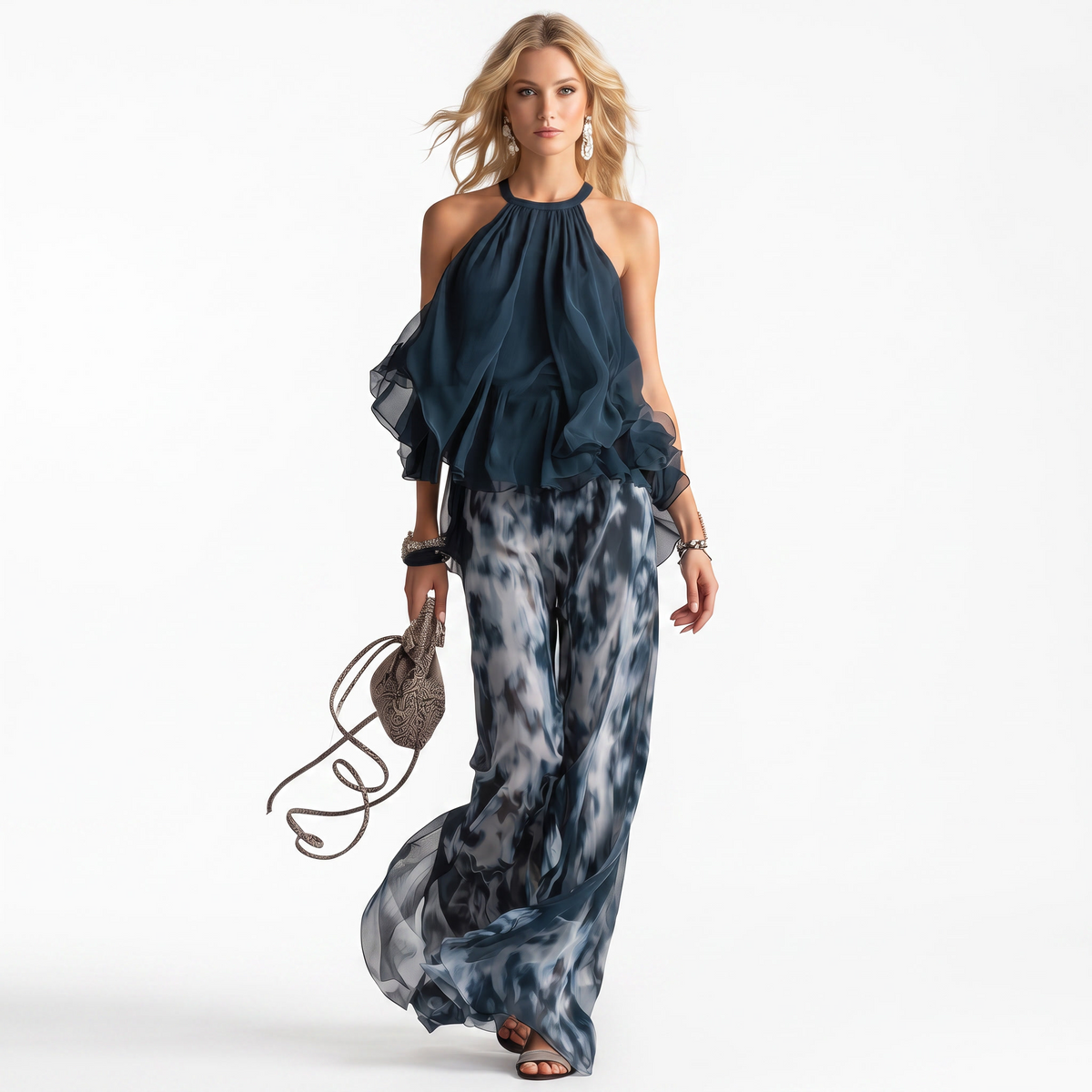 Elegant Navy Abstract Print Two-Piece Set