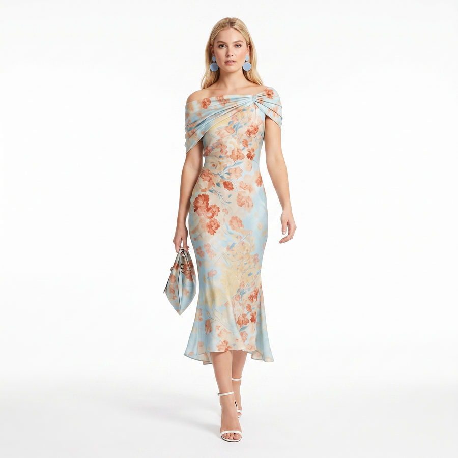 Celeste™ Floral Off-Shoulder Midi Dress – Elegant Summer Dress